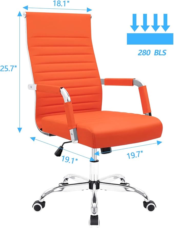 Furmax Ergonomic Office Desk Chair, Executive Ribbed Mid-Back PU Leather Conference Room Chair Adjustable Swivel Chair with Arms (1, Orange)