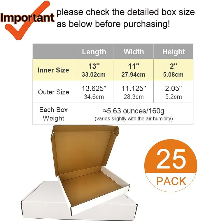 13x11x2'' Small Shipping Boxes 25 Pack, Corrugated Cardboard Mailers for Business, White (CM13112-25)