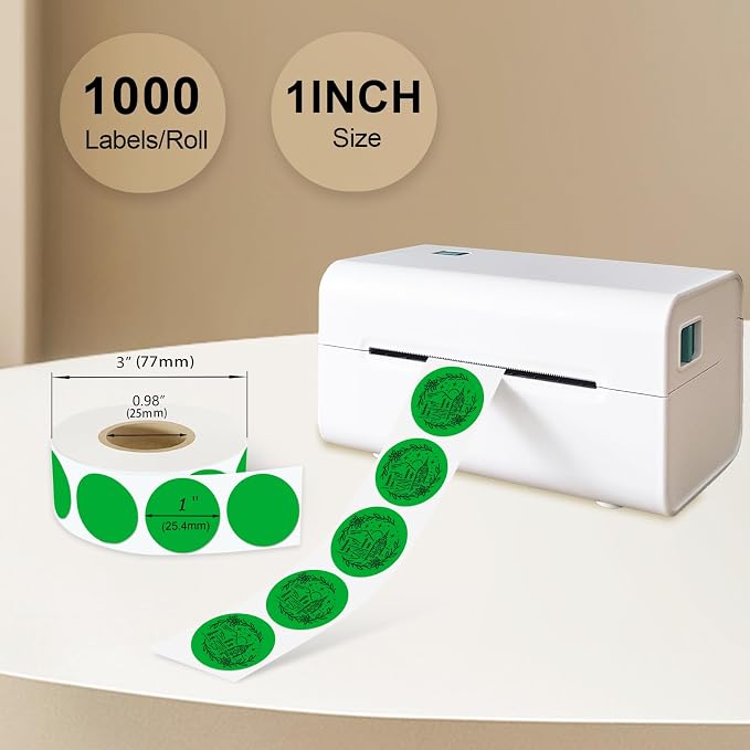 1 Inch Round Thermal Sticker Labels,Color Dot Stickers,Label Stickers,Waterproof,Oil Proof,for Thermal Printers,DIY,Office,Retail,Home and Warehouse Organization(Green,1000 Pcs)