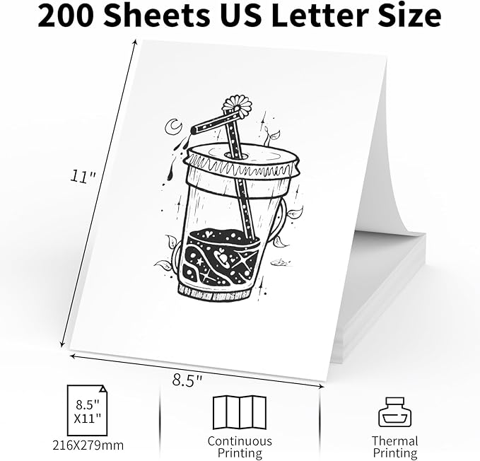 MFLABEL 8.5x11 Thermal Paper - 10-Year Fade-Proof! 200-Sheet Letter Size for Portable Printers (Compatible with iDPRT/Peripage/Munbyn) | BPA-Free Quick-Dry | Not for Laser/Inkjet