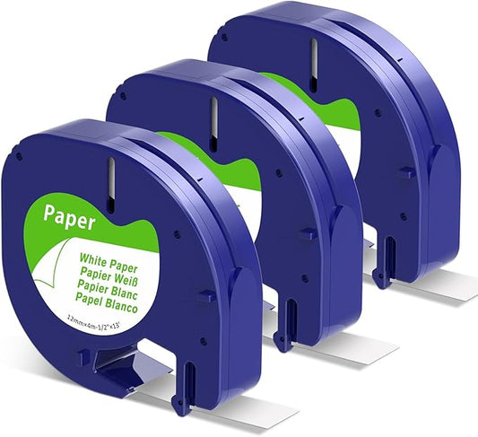 3-Pack Compatible with DYMO Label Maker Refills White Paper Tape 91330 12mm x 4m (1/2" x 13') Label Maker Tape Dymo for Labeler LT-100T LT-100H 200B
