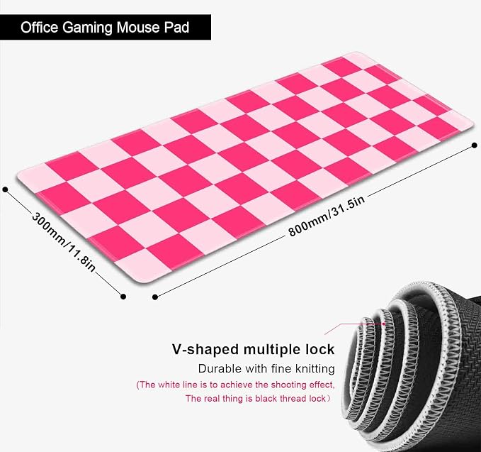 Hot Pink Cool Large Gaming Mouse Pad XL, Aesthetic Checkered Desk Pads, Computer Extended Mouse Pad Girly Women Design Kids Girls Teen Pretty Modern Decorative Art Office Mousepad for Laptop