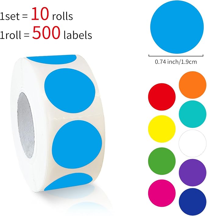 5000 PCS 3/4" Colored Dot Stickers Circle Color Coding Labels, 10 Colors on Round Coding Label Sticker for Office, Student Classroom, Family Etc(10 Rolls, 0.75 Inches)