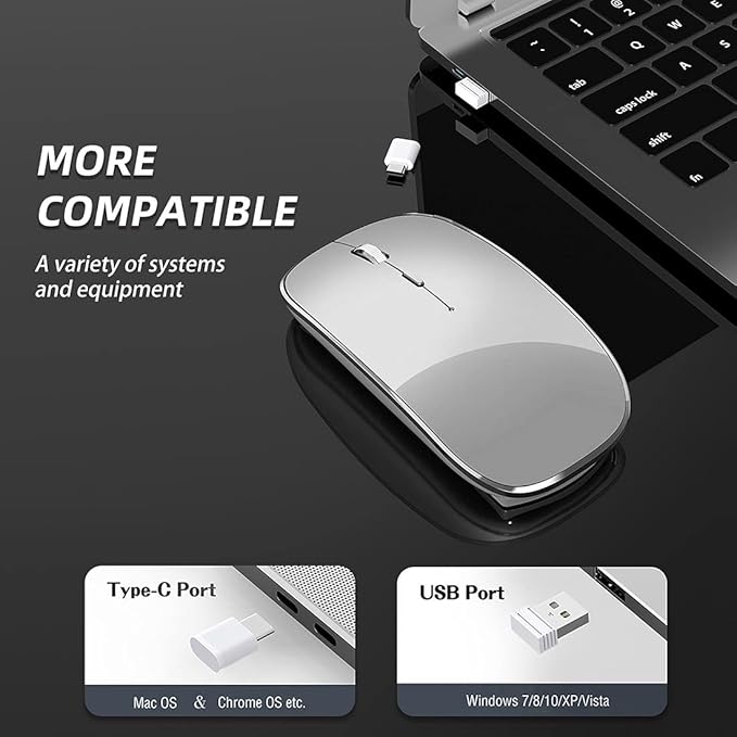 Wireless Mouse Chargeable Portable Silent USB and Type-C Dual Mode Wireless Mouse 3 Adjustable DPI for Laptop, Mac, Android, PC (Q23S Black) (Grey)