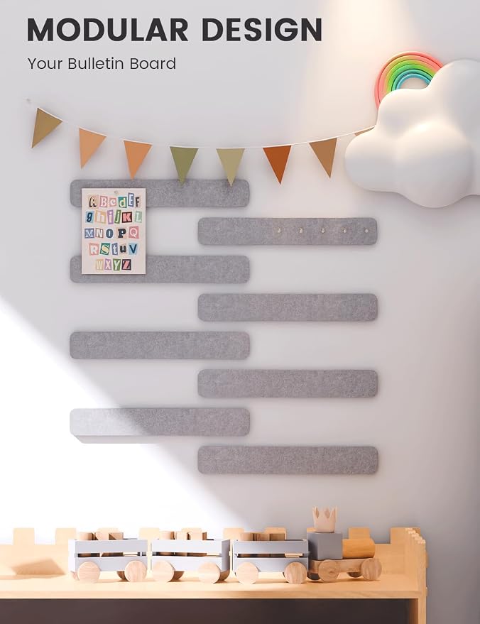Fluxynara 13" x 2" Felt Wall Panels, Soft Gray | 8-Pack Includes 50 Push Pins and Adhesive Tabs for Photos, Notes and Decor in Bedroom Doors, Home Office or Studios