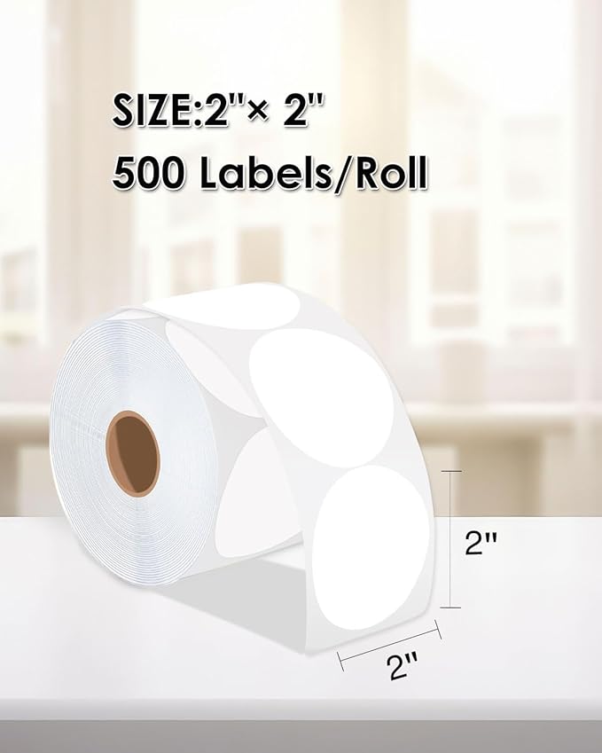 2 Inch (50.8mm x 50.8mm) Round Thermal Sticker Labels, Self-Adhesive Circle Direct Thermal Label, Multi-Purpose Roll Sticker for DIY Logo Design, QR Code, Name Tag, Roll of 500 Labels, White