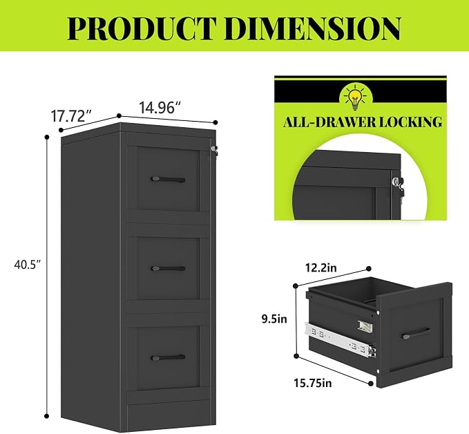 3-Drawer Metal File Cabinet with Lock, Tall Narrow Vertical, Black | Tall metal filing cabinet with adjustable rails for Letter, Legal and A4 folders; one lock secures all three drawers