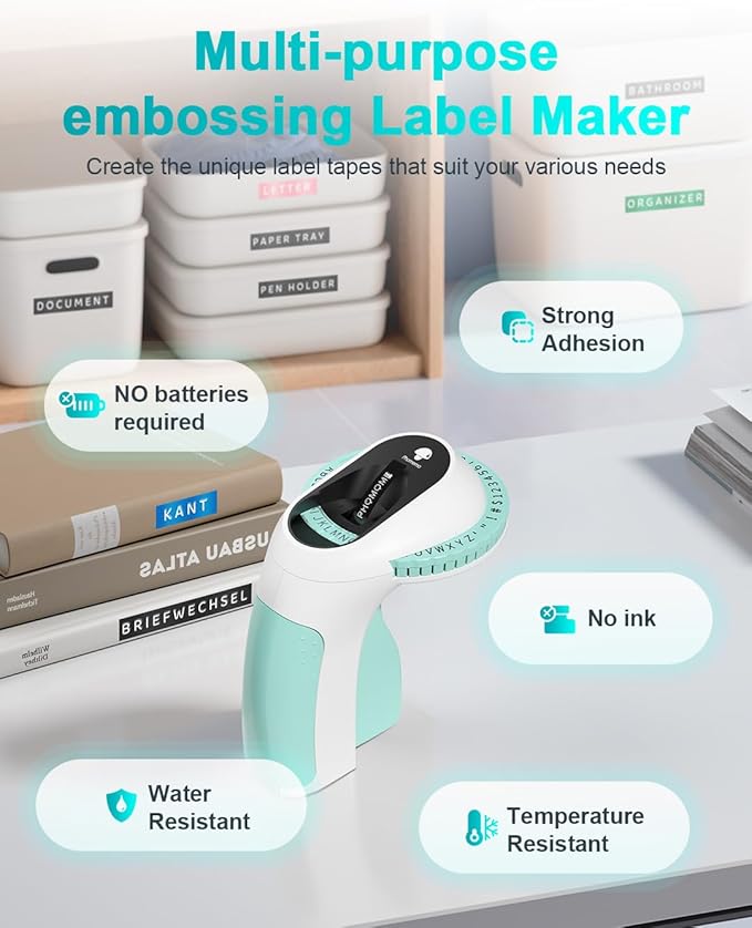 Phomemo Embossing Label Maker Machine with 6 Rolls Embossed Label, 3D Vintage Label Makers, Retro Embosser Labeling, Old School Emboss Labeler Ideal for Home, Kitchen, Office & DIY Crafts (Green)
