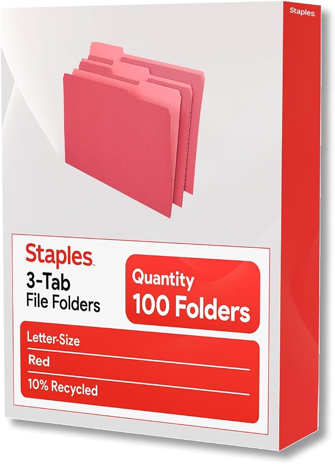 Staples File Folders, Letter Size, 1/3-Cut Tabs, Red, 100/Pack | Durable 10.5-point paper stock for everyday office document filing.