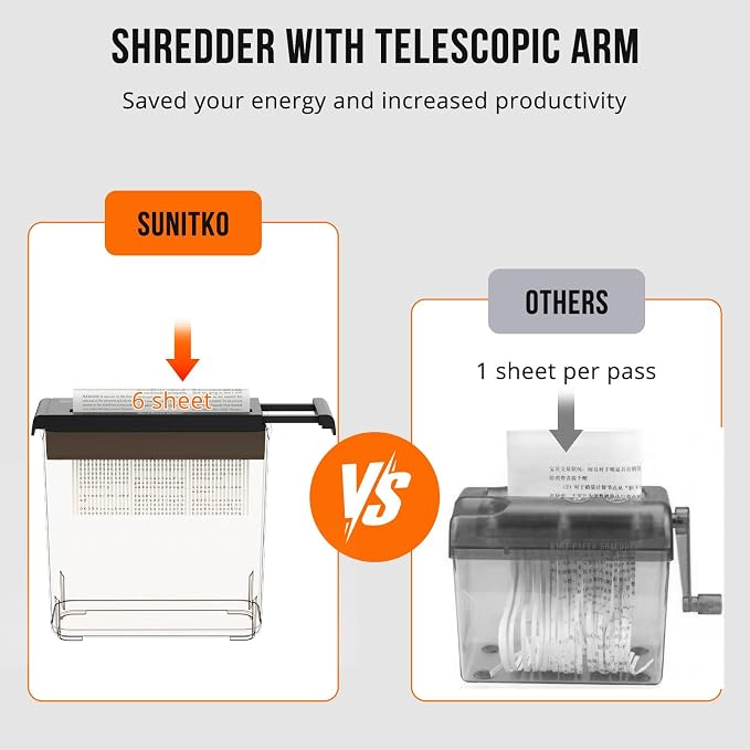 Suntiko 6-Sheet Strip Cut Portable Home Paper Shredder no Basket | Extendable Arm Fits Waste Baskets, 3-Min Continuous Shred, 4-Mode Anti-Jam, Overheat Protection Compact Shredder
