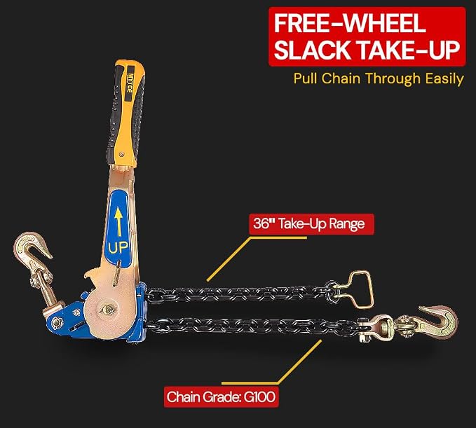 Mytee Products 8 Pack 5/16"-3/8" Easy Ratcheting Chain Binder with Up to 36" Chain Take-Up, 5,400 lbs WLL, Heavy-Duty Tie Down Ratchet Load Binder with Grab Hooks for Flatbed Trailers & Trucks