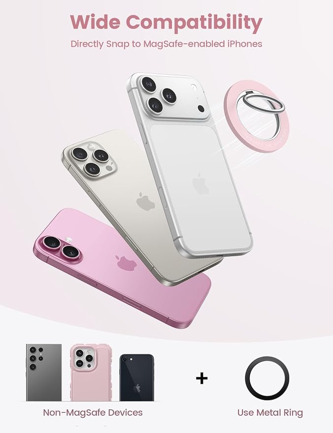 Lamicall Magnetic Phone Grip for MagSafe Accessories, Strong Magnet Ring | 360° Rotation, 1s Snap Finger Hand Holder, Stand Kickstand for iPhone 17 16 15 14 13 12 Pro Max Air, Pink Mag Safe Decor