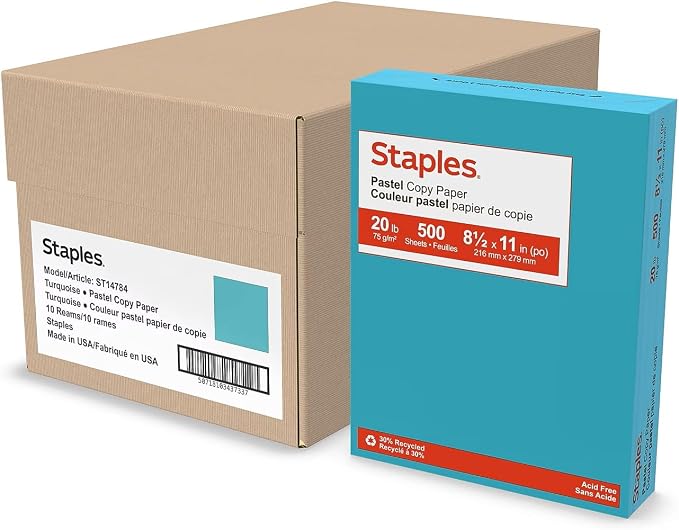 Staples Pastel 30% Recycled Color Copy Paper, 20 lbs., 8.5" x 11", Turquoise, 500 Sheets/Ream, 10 Reams/Carton