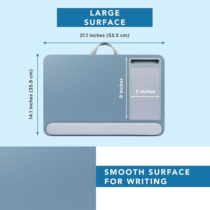 LAPGEAR Home Office Pro Lap Desk - Slate Blue, Fits 15.6” Laptops | Built-In Mouse Pad & Phone Slot, Wide Cushioned Wrist Rest, Dual-Bolster Microbead Cushion, Carry Handle