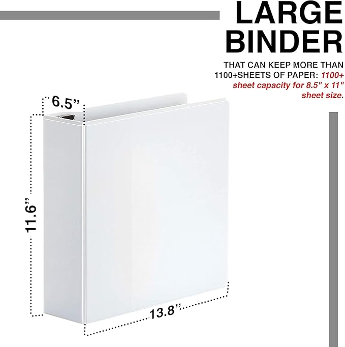 4 Pack of 6 Inch 3 Ring Binder with Locking Angle D Rings, Professional Heavy Duty Large Storage Binder with Pockets, Fits 8.5 x 11 Inch Sheets, Non-Stick Clear View Cover, Customizable, White