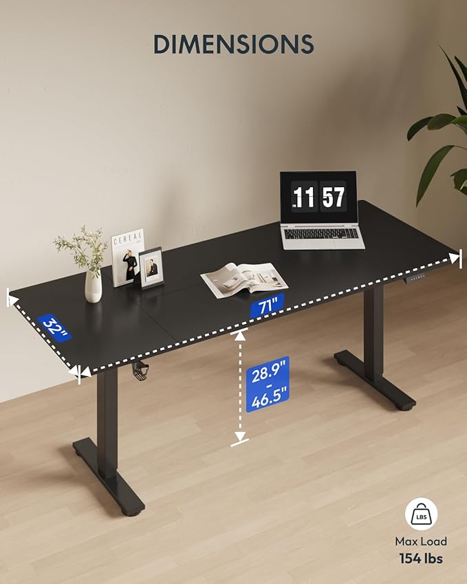 FLEXISPOT 71x32 Inch Electric Large Standing Desk for Home & Office, Spacious Splice Board Desk with Cable Management & Organizer, Cup Holder & Hook, Black
