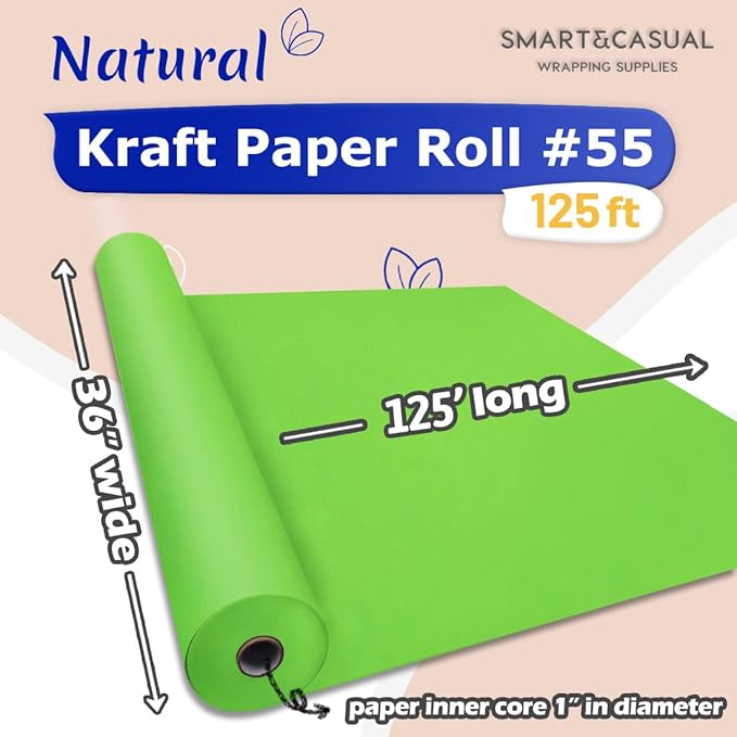 SMART&CASUAL 36" x 1,500" (125') Medium Green Kraft Craft Paper Roll for Gift Wrapping Bulletin Board Bouquet Flower Kids Art Packing Parcel Table Covering 80GSM 55LB (Medium Green, 36" x 125')