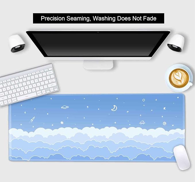 Cute Pastel Blue Desk Mat, Minimalist Large Gaming Mouse Pad Mousepad for Laplop, Kawaii Anime Desk Pad, Gradient White Clouds Computer Pads, Aesthetic Stars Moon Deskpad, 31.5 X 11.8 Inch