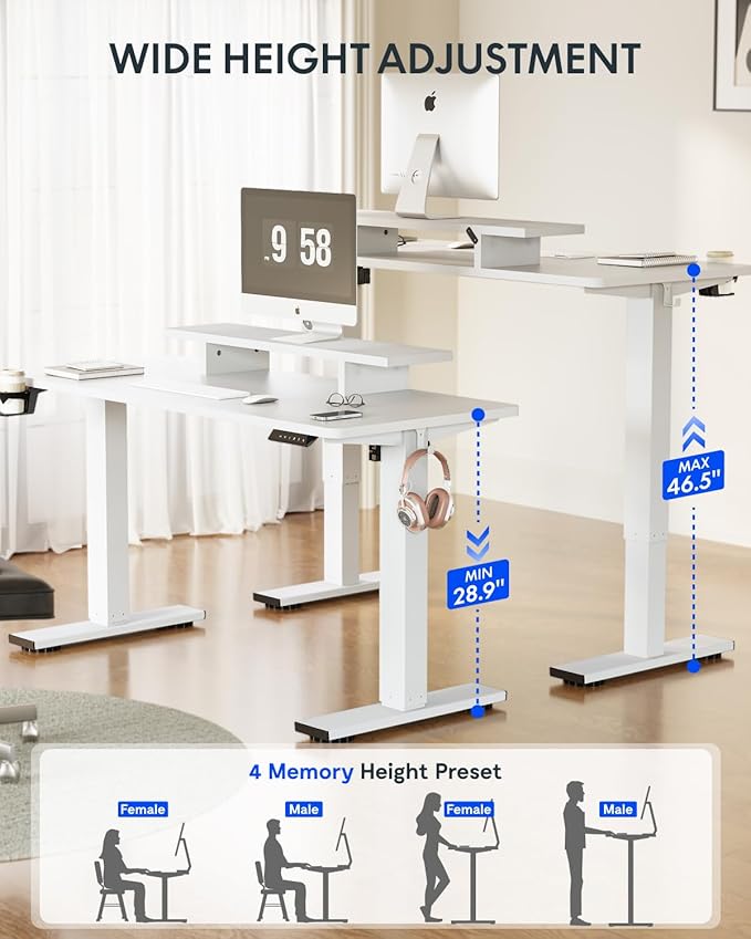 FLEXISPOT Standing Desk with Monitor Stand, 55 x 24 Inches One-Piece Electric Height Adjustable Computer Desk with Cup Holder for Home Office, White