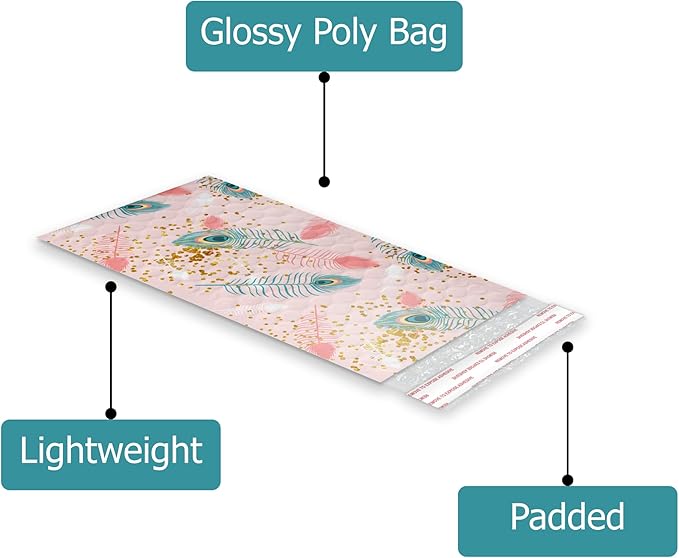 4x8 (20pcs) Pink Peacock Designer Self Seal Poly Bubble Mailers Shipping Envelopes Padded Bags
