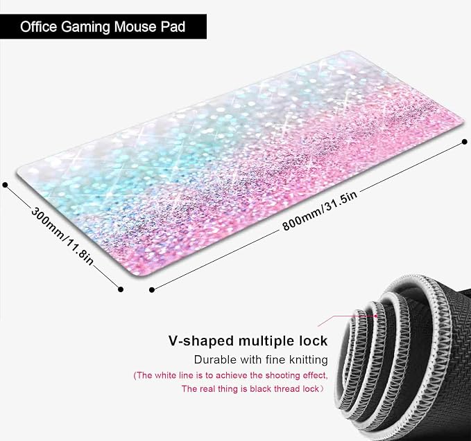Gradient Glitter Large Mouse Pad, Pink Blue Sparkle Desk Pad, Pastel Cute Writing Desk Mat, Non-Slip Rubber Long Mousepad for Laptop Computer Gamer Home&Office, 31.5x11.8 in
