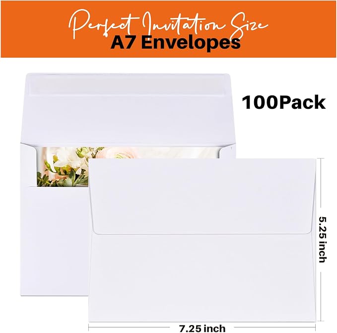 A7 Printable White Envelopes 5x7 100 Pack Quick Self Seal,for 5x7 Cards Perfect for Weddings, Invitations, Photos, Graduation, Baby Shower 5.25 x 7.25 inches，AZAZA