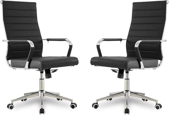 Okeysen Office Desk Chair, Ergonomic Leather Modern Conference Room Chairs, Executive Ribbed Height Adjustable Swivel Rolling Chair for Home Office Set of 2. (Black)