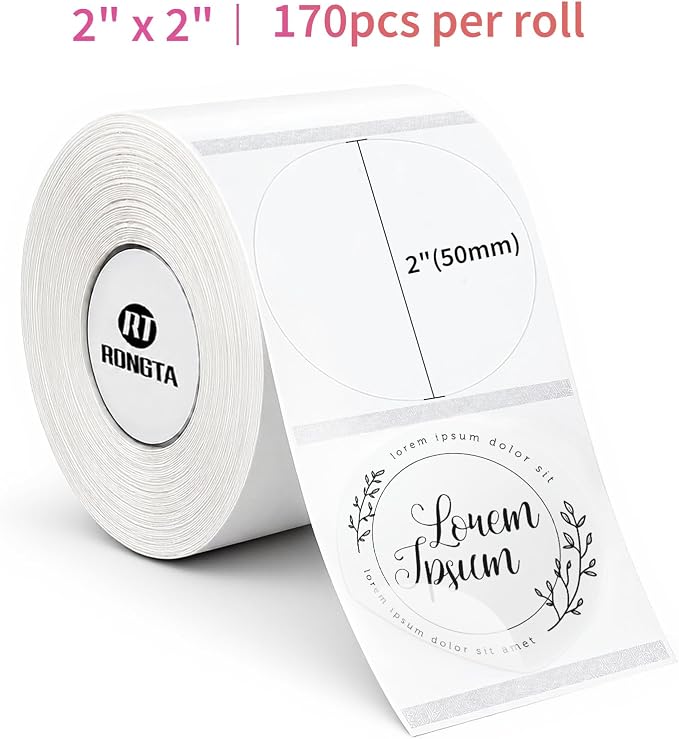 Rongta Label Tape for R22, Standard Laminated Thermal Label Tape Replacement, Waterproof, Oil-Proof Sticker for Home Office Small Business Labeling (Transparent, Round Φ 2'' (170 Labels/Roll))