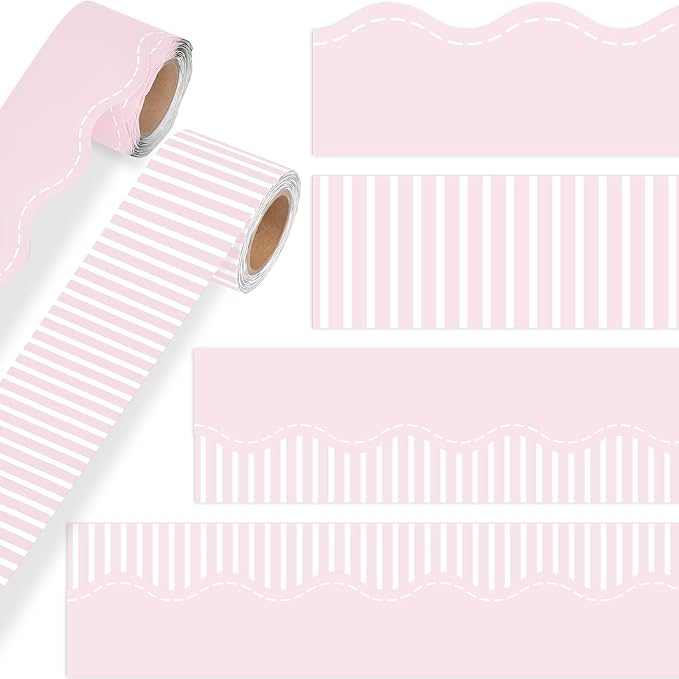 2 Rolls 65.6ft Light Pink Striped Bulletin Board Borders Decoration Scalloped and Straight Edge Pink Bulletin Borders Board Trim for Office School Classroom Chalkboard Party Decoration