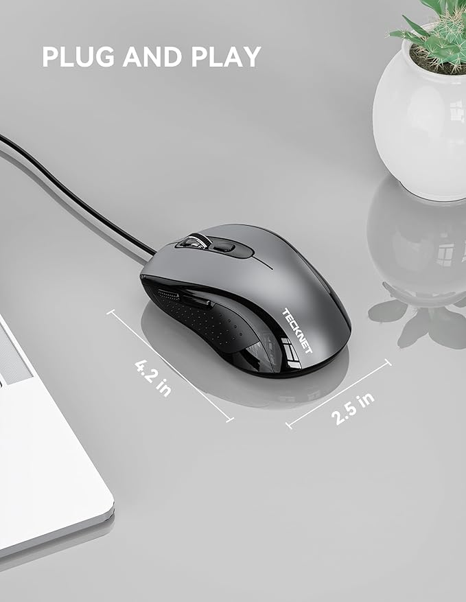 TECKNET USB-A Wired Mouse for Laptop Computer with 6-Button,Home and Office 5FT Corded Mouse, 3600DPI Ergo-Optic Shape PC Mouse Wired for Chromebook,PC,Desktop,Notebook- Grey