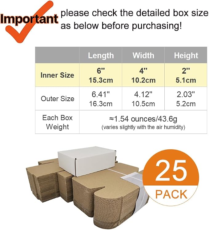 6x4x2'' Small Shipping Boxes 25 Pack, Corrugated Cardboard Mailers for Business, White (CM642-25)