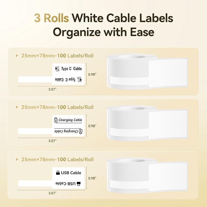 NIIMBOT Cable Labels 3 Rolls Set for B1/B21/B2/B31 Label Maker, White | 25x78mm (0.98'' x 3.07'') 100 Labels/Roll, Refill Labeling Tape for Home School Office Small Business