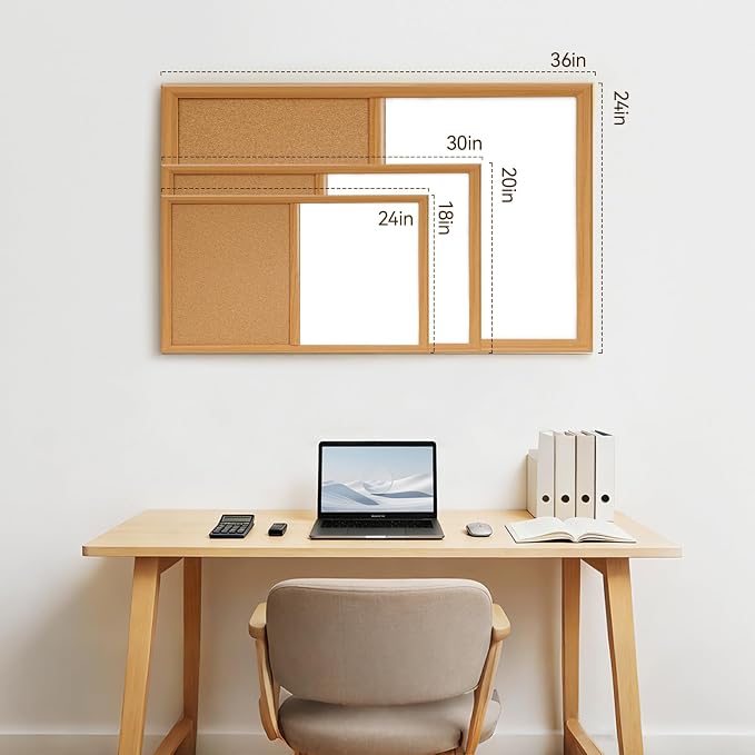 Cork Board White Board Combo with MDF Wood Frame | 30 x 20 Inch Bulletin Board, Magnetic Dry Erase Board & Corkboard for Wall, Vision Board for Home, Office, School