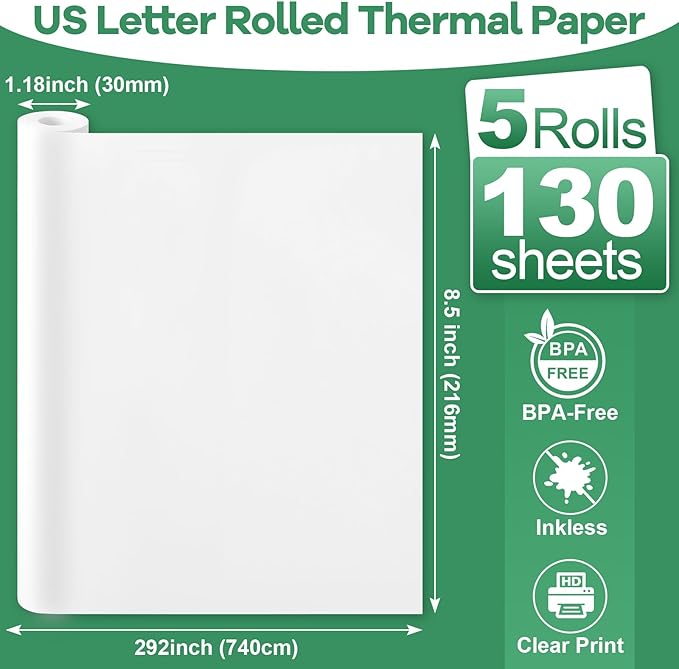 5 Rolls Thermal Printer Paper 8.5"x11" US Letter Size, BPA free Quick-Dry Thermal Paper,Thermal Printing Paper Rolls Compatible Most Portable Printers(About 130 Sheets)