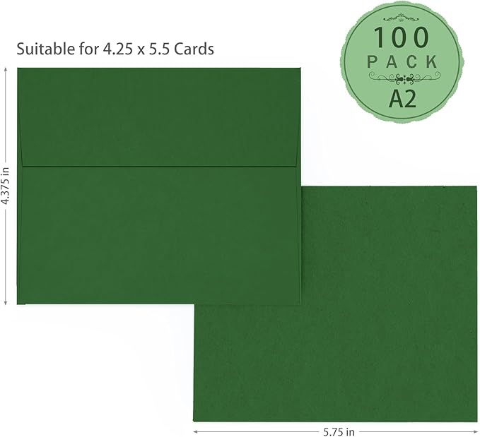 Dark Green Envelopes A2 100 Pack Self Seal, Goefun 120 GSM Printable Invitation Envelopes 4-3/8 x 5-3/4 for Card Making, Photos, Wedding Invitations, Graduation, Baby Shower, and Various Holidays