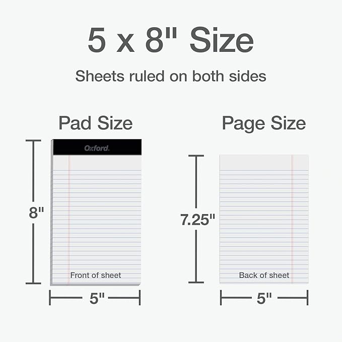 Oxford Legal Pads, 12 Pack, Note Pads, 50 Legal Ruled 5" x 8" Sheets, Bright White Paper with Firm Back, Small Portable Notepads, Proudly Made in the USA