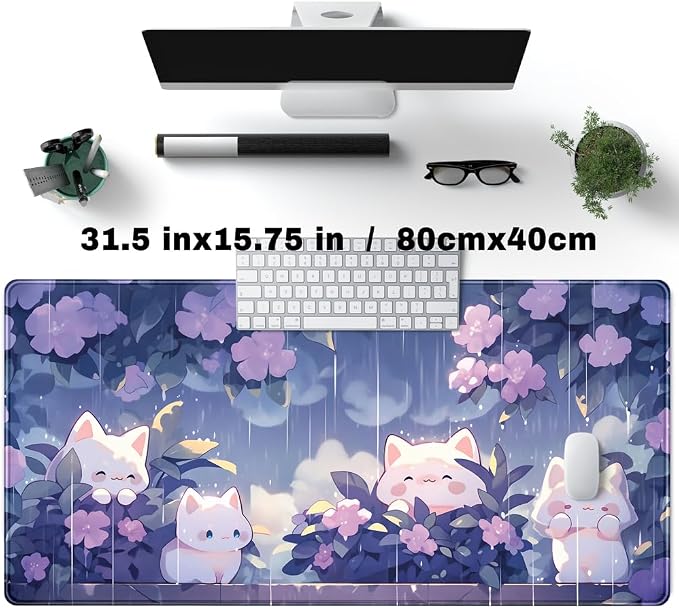 Kawaii Cat Desk Mat XXL Extended Purple Gaming Mouse Pad Large Mousepad | Cute Desk Mat Keyboard and Mouse with Stitched Edges Desk Pad for Game Office Home Desk Purple Decor 31.5x15.7 in
