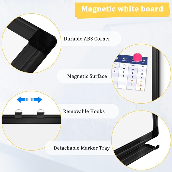 Double-Sided Magnetic Black Aluminum Frame Whiteboard, 36" x 24" | White Board for Wall, Hanging Mounting White Board Dry Erase Board Marker Board for Kitchen, Memo, School, Home, Office