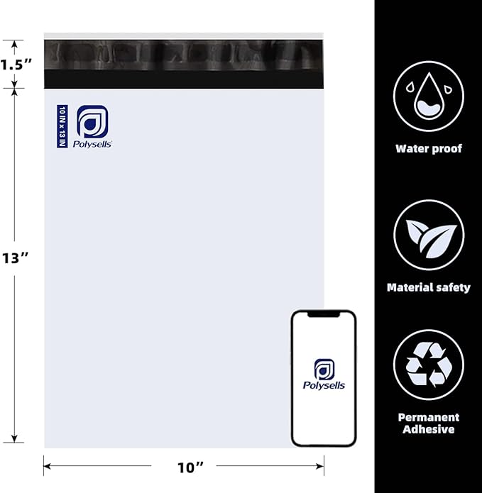 POLYSELLS 500 Pack 10x13 Inch Poly Mailers Shipping Envelopes, Strong Adhesive Sealing, Waterproof, and Tear-resistant Postal Mailing Bags for Clothing, Books, and Accessories White