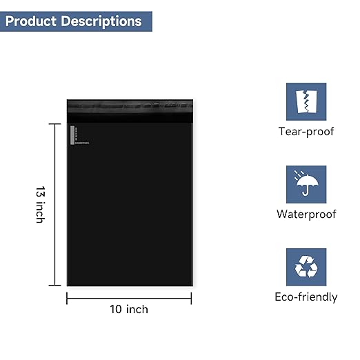 KKBESTPACK 200 Large Poly Mailers 10x13 Shipping Bags for Small Business – Self Sealing Package Envelopes Black