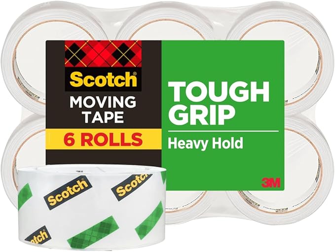 Scotch Tough Grip Moving Packing Tape, Clear, Moving Tape That Secures Boxes up to 80 Pounds, 1.88 in. x 43.7 yd., 6 Tape Rolls