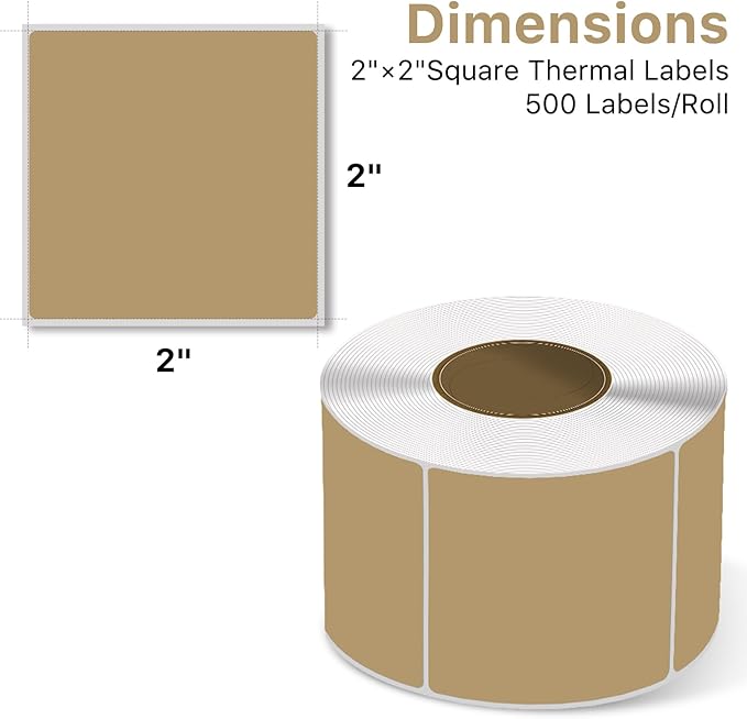 Square Thermal Label Sticker, 2"x2" Self-Adhesive Square Direct Thermal Label Stickers Brown, 500 Sheets/Roll