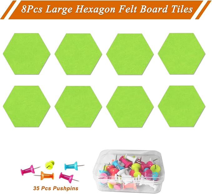 Large Hexagon Felt Cork Board Tiles, Self Adhesive DIY Felt Bulletin Board Pin Board with 35 Pushpins for Office School Home Wall Decor Stickers Memos Photos Display(Bright Green)
