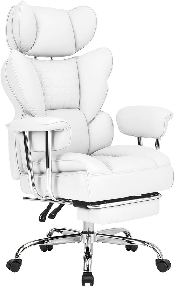 DUMOS Big and Tall Home Office Desk Chair, Executive Chair with Footrest | Scratch-Resistant PU Leather, Ergonomic Reclining, Pocket Spring Support, 400 LBS Weight Capacity, White
