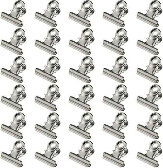 HAHIYO 0.87inch Silver Bulldog Clips Metal File Hinge Binder Clips Clamps Save Space Strong Spring Jaws Rock Solid Grip Book Lay Flat Deburred Edge for Hang Photos Wall Grid Dog Food 30PCS
