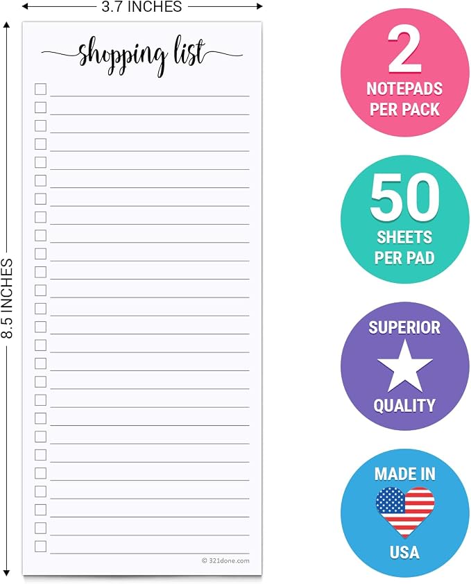321Done Grocery List Notepad, Skinny 3.7x8.5 Inches, 2-Pack, 50 Sheets Each | Made in USA - Slim Shopping List Pads for Kitchen Planning, Meal Prep and Errands, Thick Bright White Paper, Tear-Off Sheets