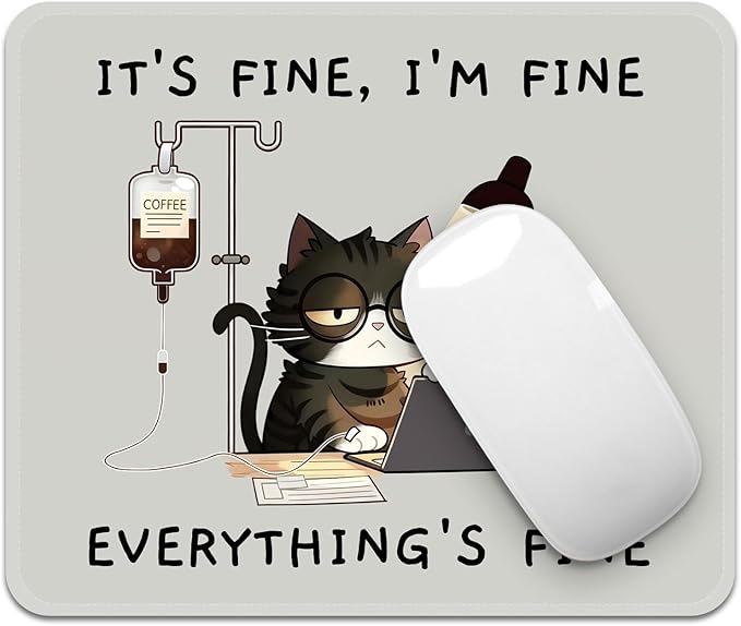 Mouse Pad with Stitched Edges - Funny Cat Mousepad for Women, 9.25 x 7.75 inch Washable Square Desk Pad, Non-Slip Rubber Base, Office Home Laptop Accessories - Overworked Kitty