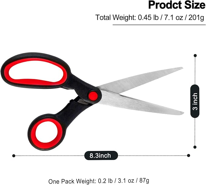 Left Handed Scissors for Kids Student, 8 Inch Lefty Scissors Bluk for Adults, All Purpose Sharp Blades Shears Set of 2 Pack, Great for Craft, Office, Sewing Fabric, Arts, School and Home, Black/Red