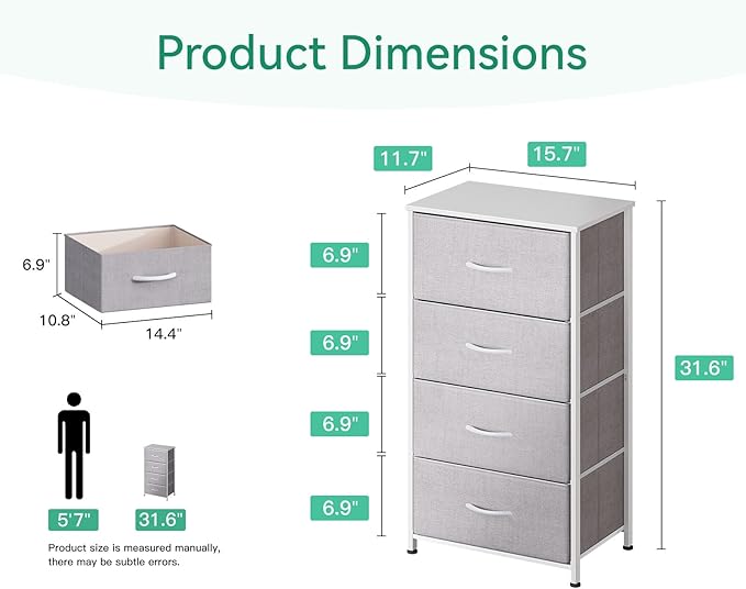 AODK Small Dresser for Bedroom with 4 Storage Drawers, Light Grey | Dressers Chest of Drawers Fabric Dresser with Sturdy Steel Frame, Dressers for Closet with Wood Top