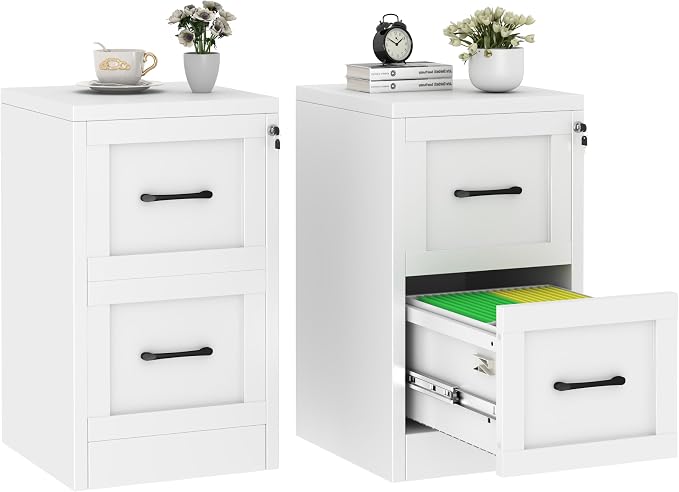2 Drawer Metal File Cabinet with Lock,Narrow Vertical Filing Storage Cabinets,Steel File Organization for Legal/Letter/A4/F4 Size with Hanging Files,Lockable File Folders for Home Office, White